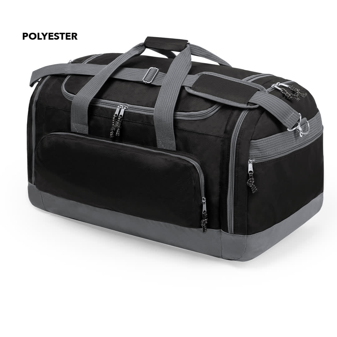 A black duffle bag with grey accents, featuring multiple zippered compartments and handles. It includes a logo. Melbor Bag - Image 1