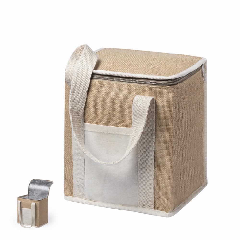 A cooler bag in beige with white straps and a front pocket, alongside a small metal container. Ponix - Image 1