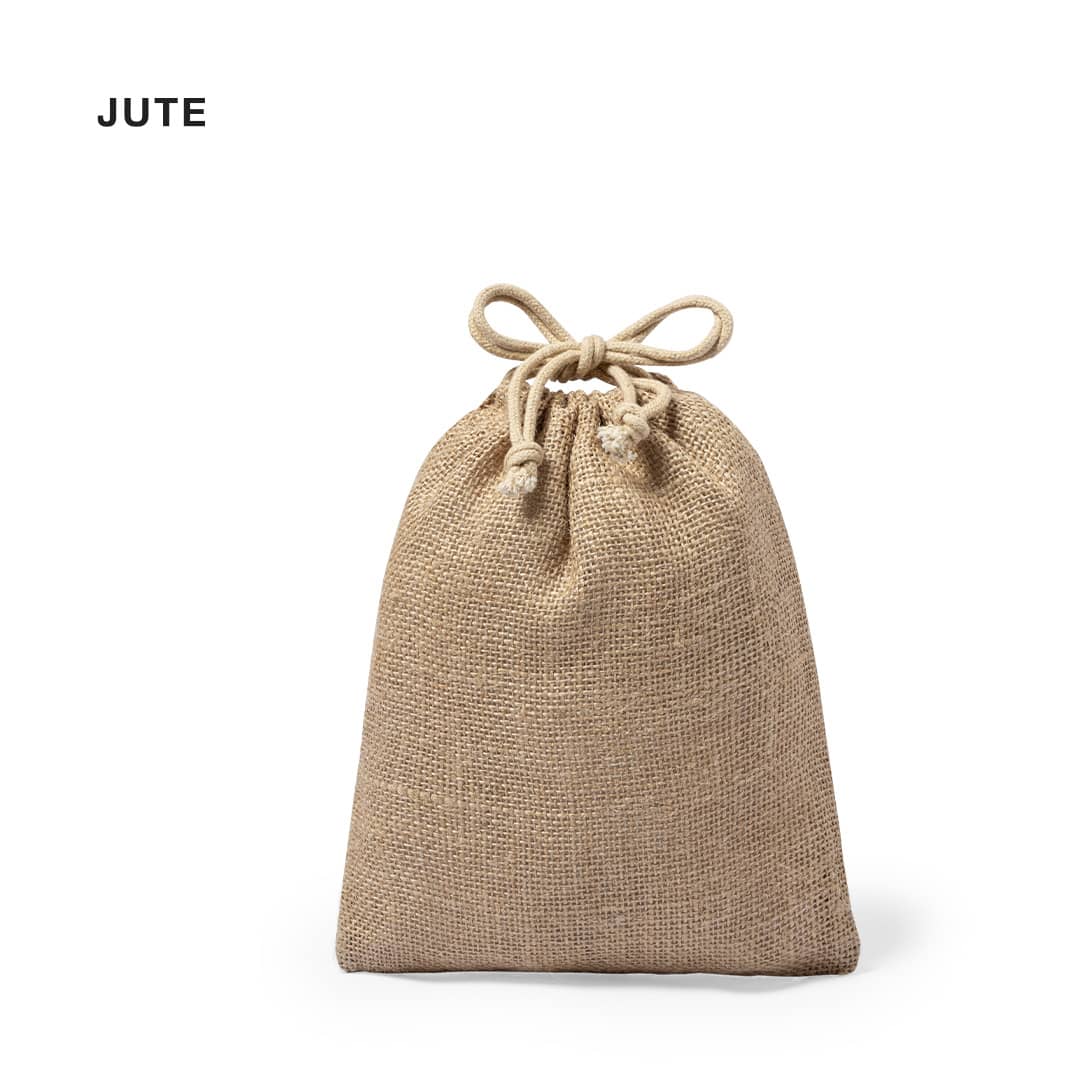A jute drawstring bag in a natural brown colour, featuring a tied closure and a textured surface. Lesky Bag - Image 1