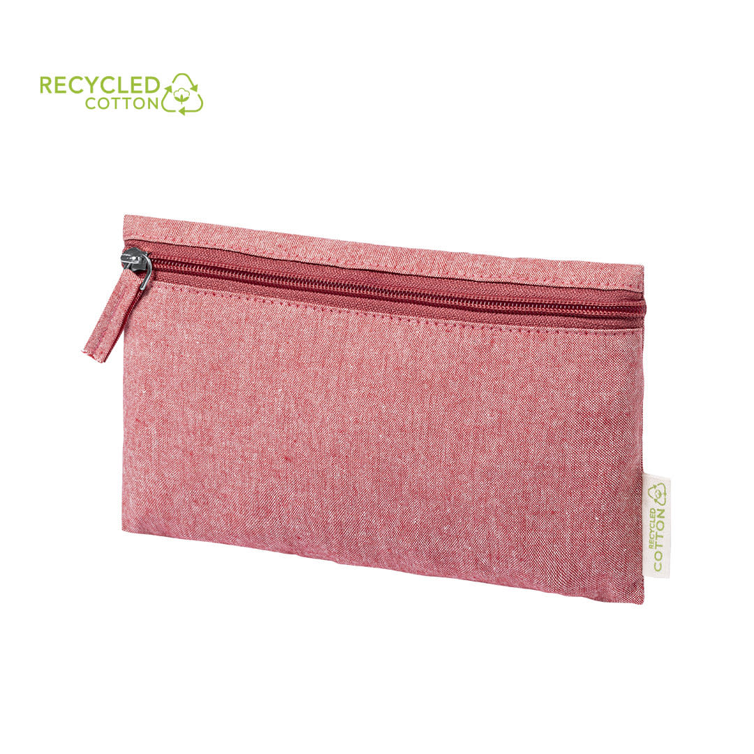 A pink toiletry bag made from recycled cotton with a zipper closure and a label on the side. Halgar Beauty Bag - Image 1