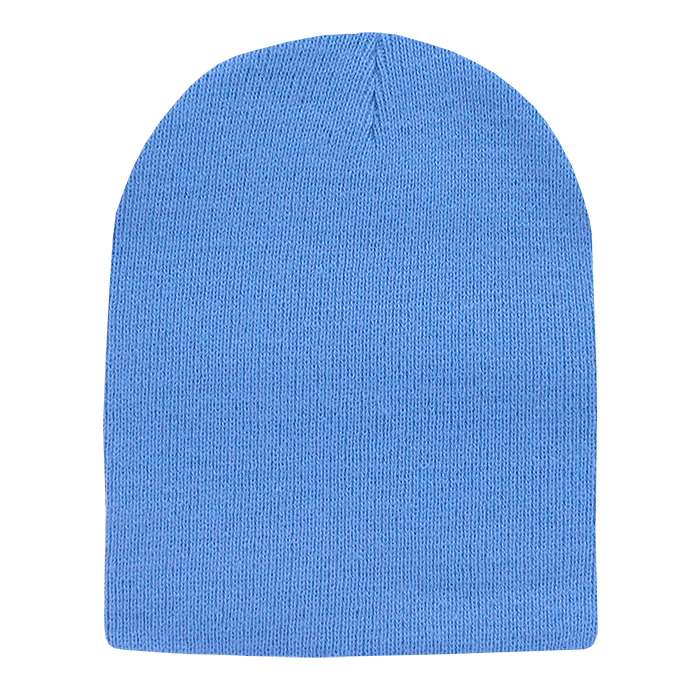 A light blue, knitted beanie hat without a cuff. It features a simple design and has a logo. American Made Watch Cap (No Cuff) - Image 1