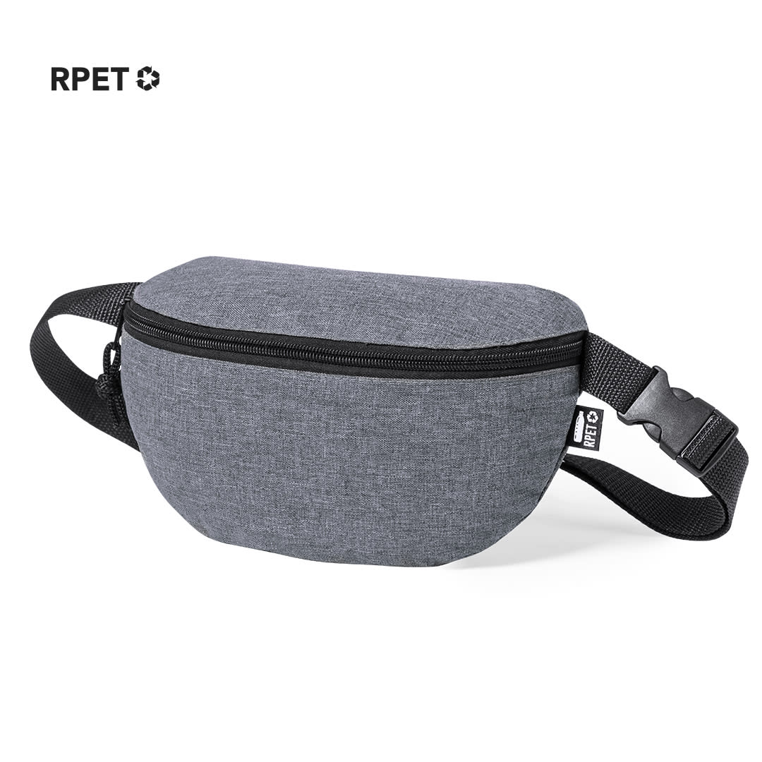 A grey bum bag with a curved shape and a zippered compartment, featuring a logo. Parks Waistbag - Image 1