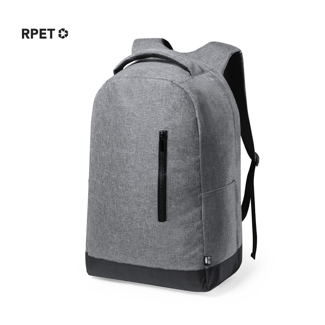 A grey anti-theft backpack with a sleek design, featuring a zippered front pocket and a branding logo. Bulman Anti-Theft Backpack - Image 1