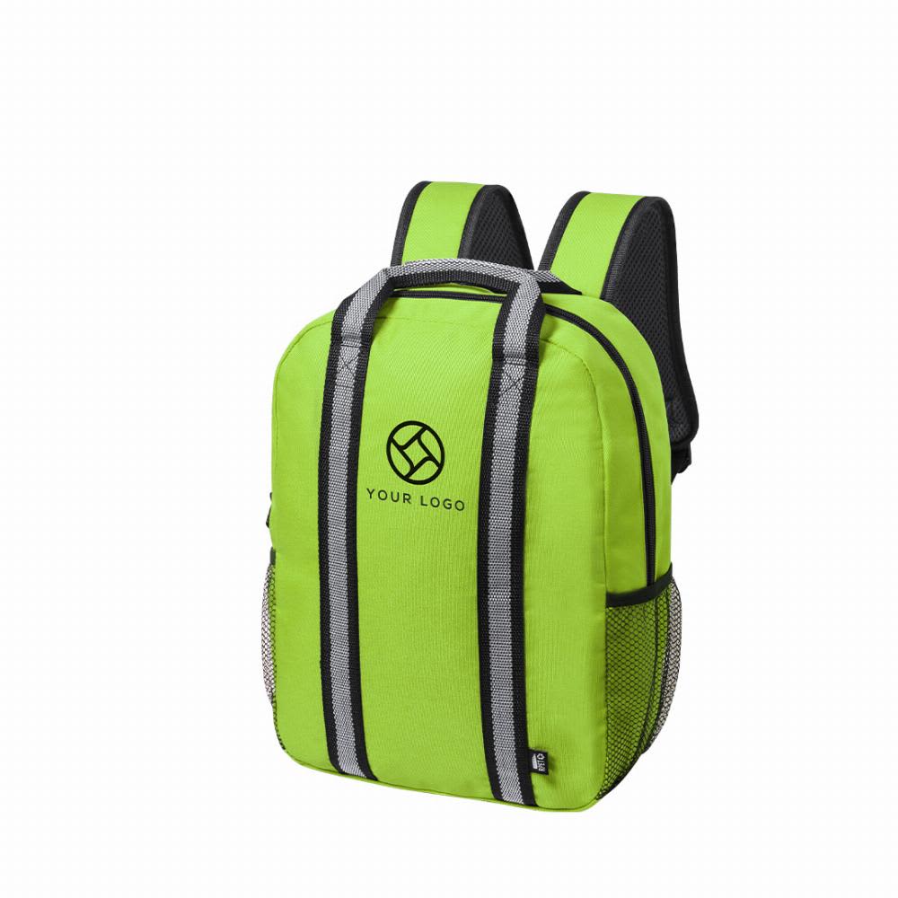 A green backpack with black accents, featuring a logo on the front and mesh side pockets. Fabax - Image 1