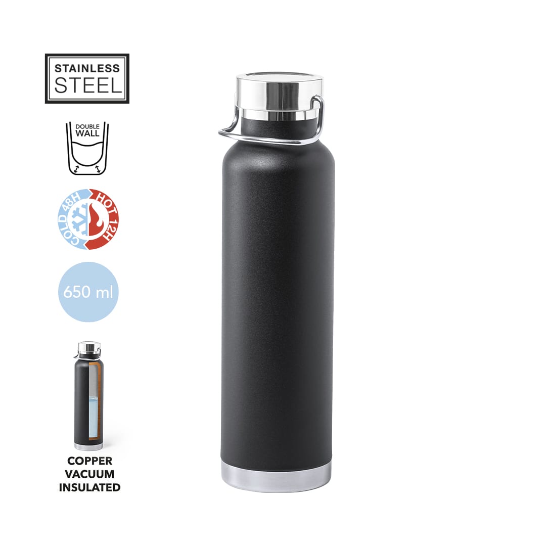 A drink bottle in matte black stainless steel with a silver cap, featuring a logo and copper vacuum insulation. Staver Insulated Bottle - Image 1