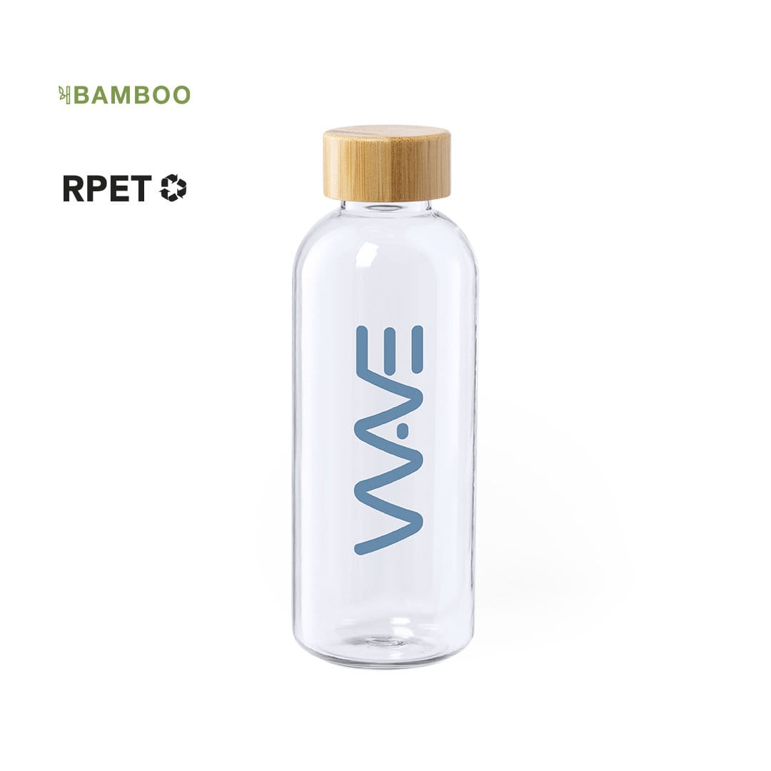 A drink bottle made of clear glass with a bamboo lid, featuring a blue logo. It has a sleek design and eco-friendly materials. Solarix - Image 1