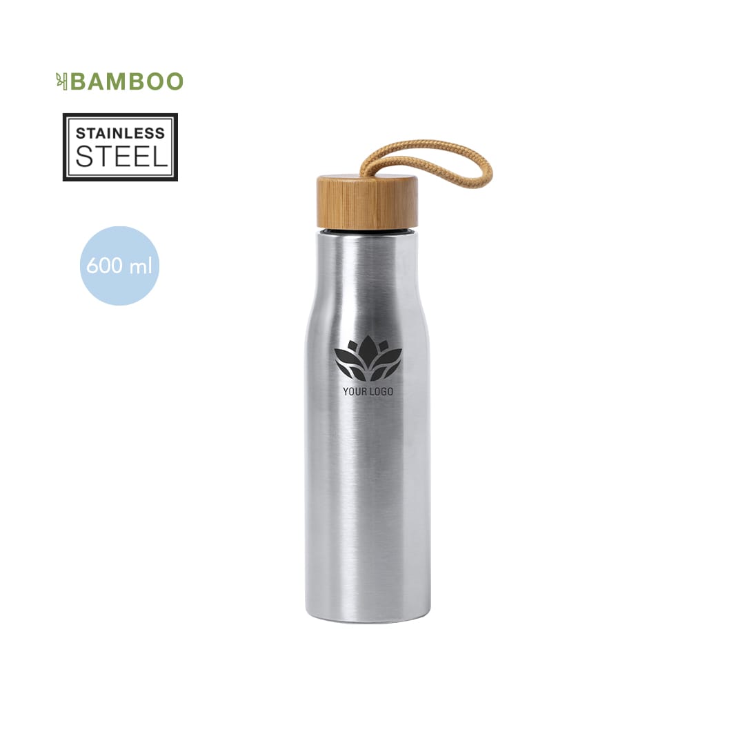 A drink bottle made of stainless steel with a bamboo cap and a logo, featuring a sleek silver finish. Dropun Bottle - Image 1