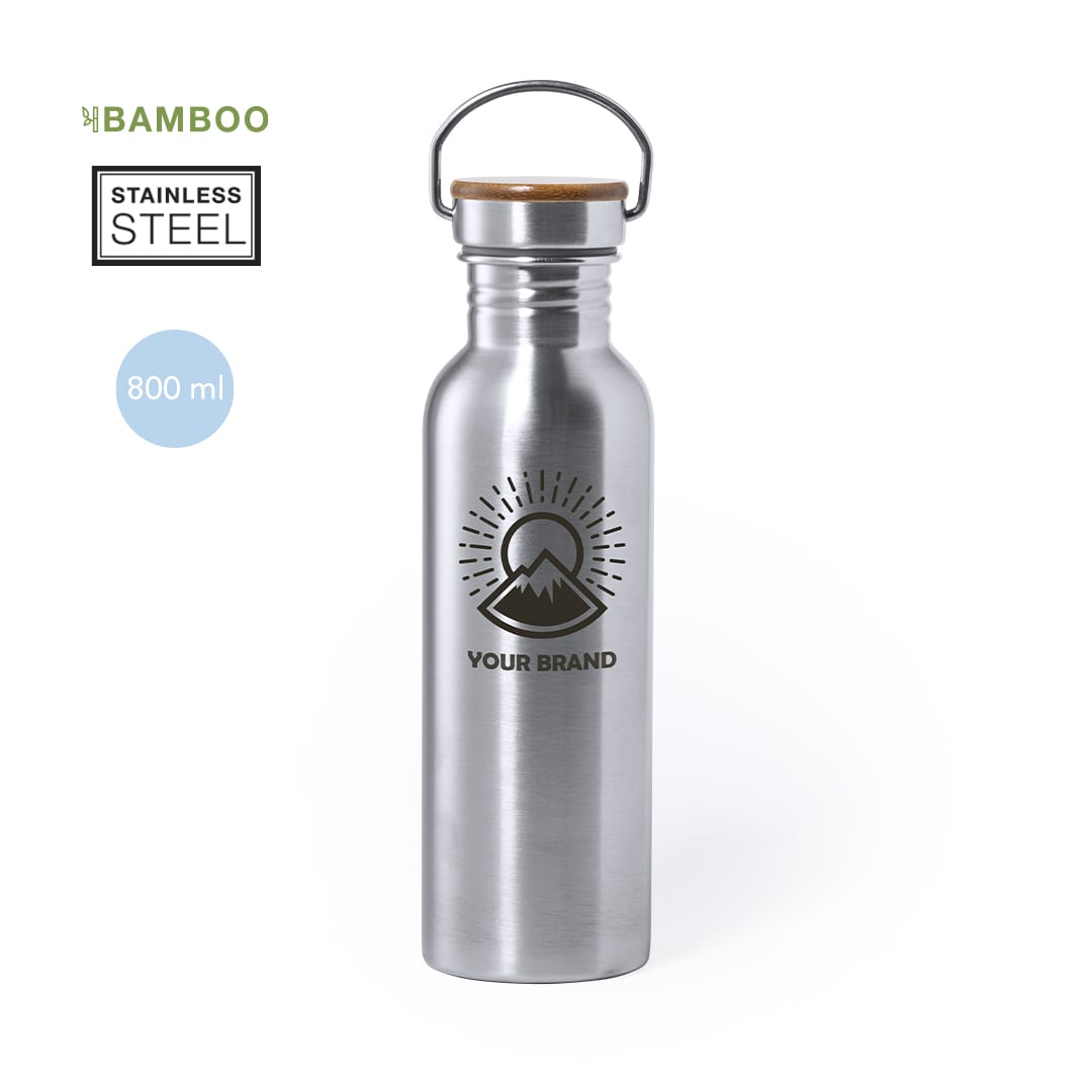 A drink bottle in stainless steel with a bamboo lid, featuring a design and a logo. It has an 800 ml capacity. Rangler Bottle - Image 1