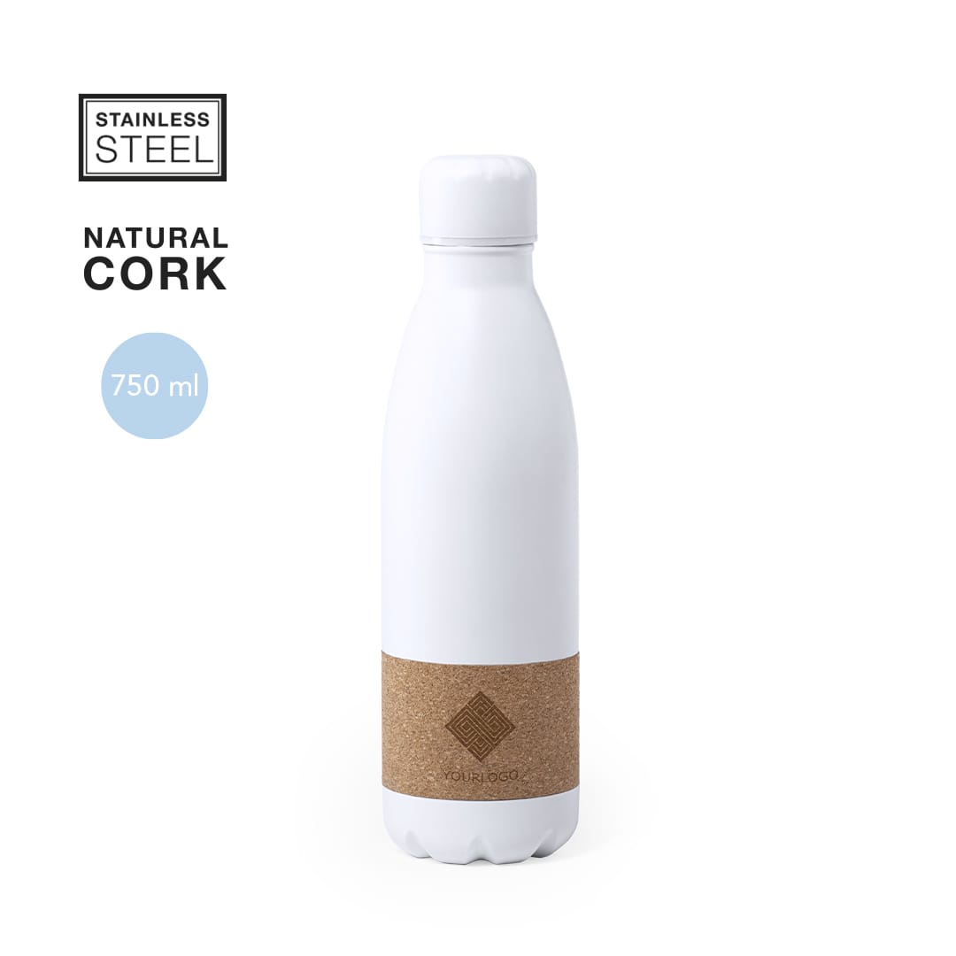 A drink bottle made of stainless steel in white, featuring a natural cork band and a capacity of 750 ml. Rekka Bottle - Image 1