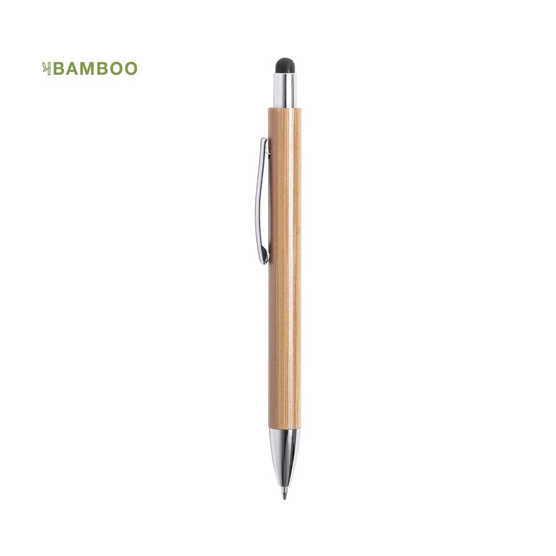 A bamboo stylus touch ball pen with a silver clip and black tip, featuring a branding logo. Zharu Stylus Touch Ball Pen - Image 1