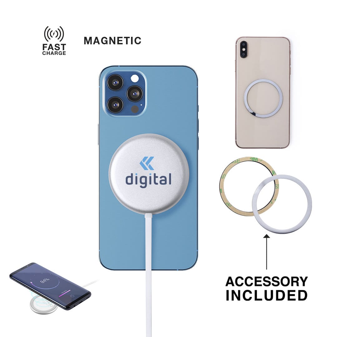 A wireless charger in silver connected to a smartphone. The charger has a branding logo and comes with accessories. Makensy Charger - Image 1
