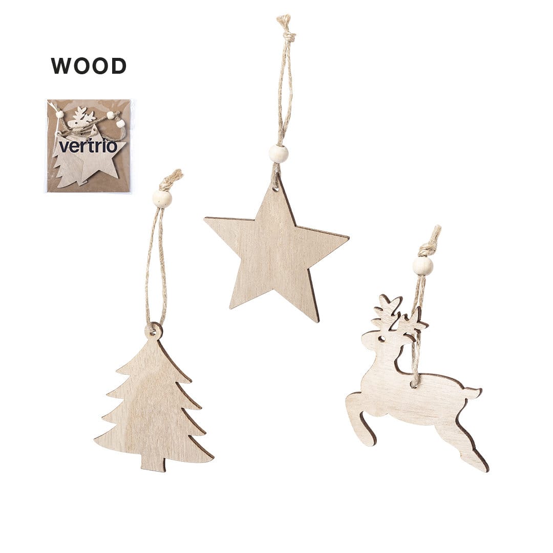 Three wooden Christmas decorations: a star, a tree, and a reindeer, each with a string for hanging. Tilmex - Image 1
