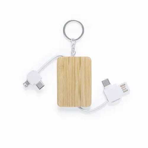 A keychain power bank with a bamboo exterior and white charging cables connected. Includes a logo on the surface. Rusell - Image 1