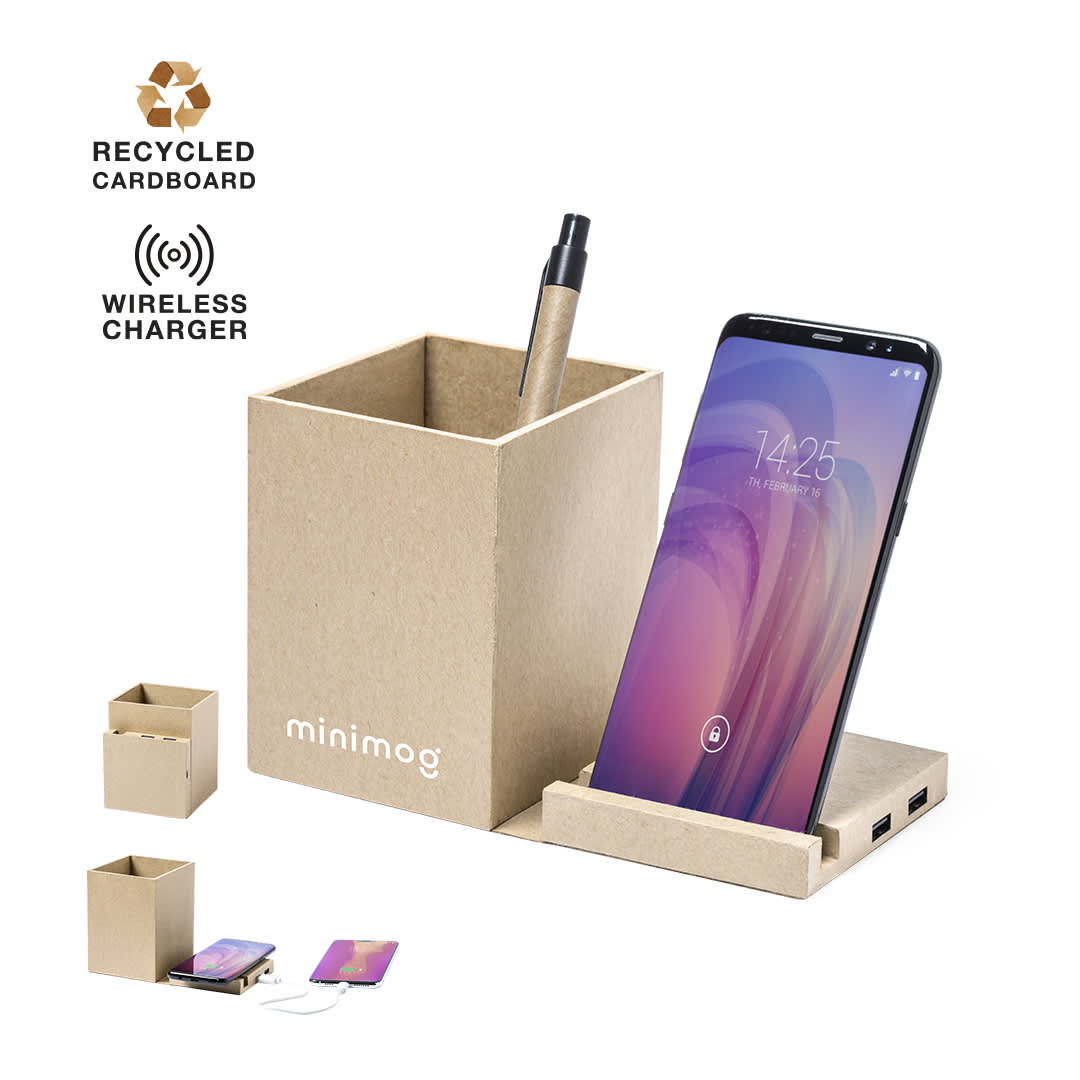 A multifunction pencil holder in brown recycled cardboard with a wireless charger and a pen included. Sondur Multifunction Pencil Holder - Image 1
