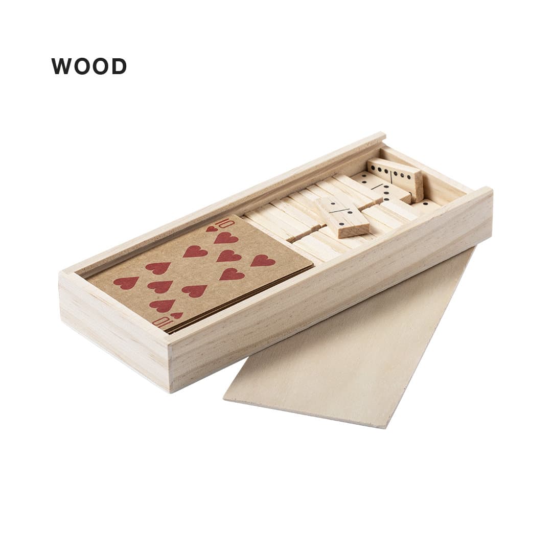 A wooden game set featuring cards with heart designs and dominoes, housed in a rectangular box. Halin Game Set - Image 1
