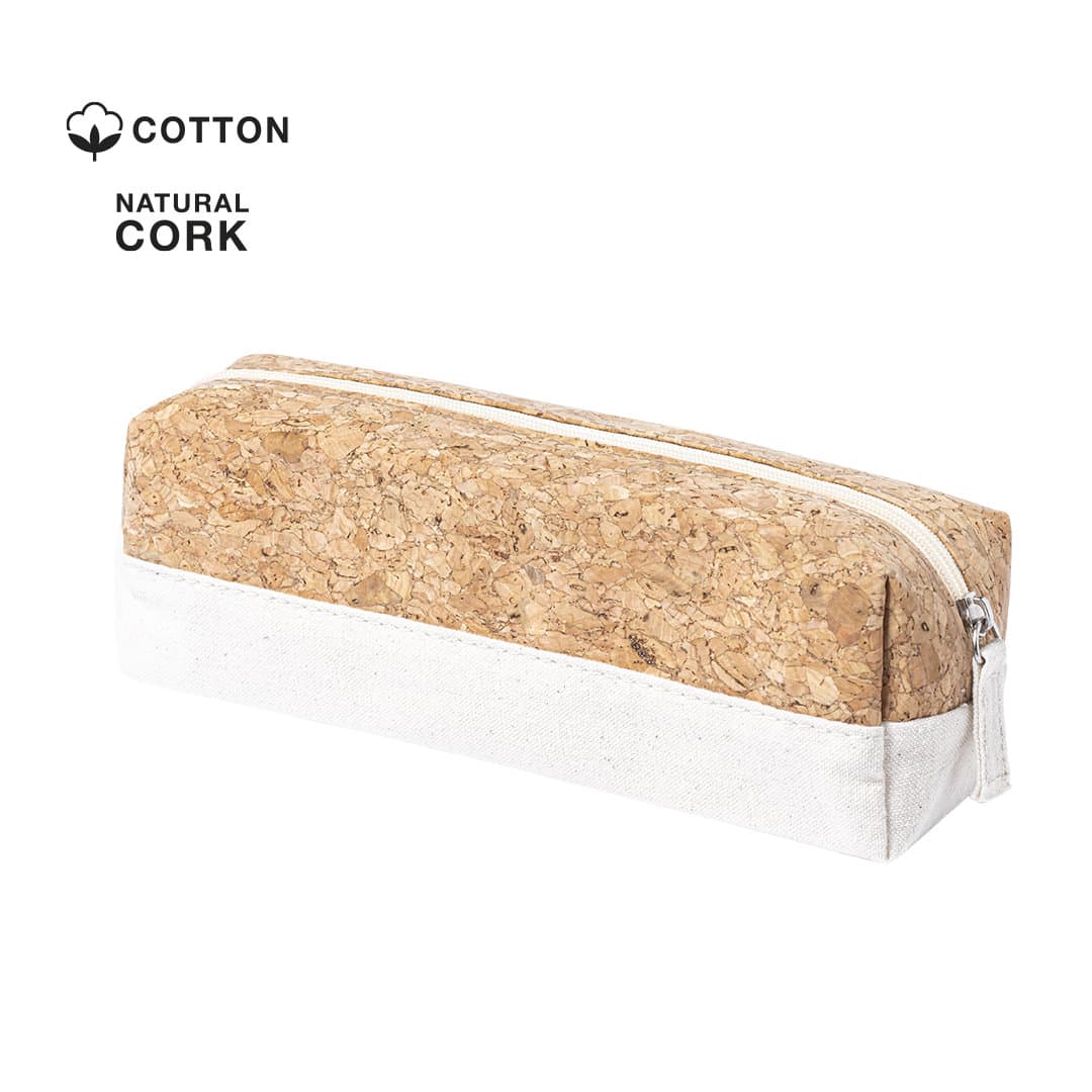 A natural cork and white cotton pencil case with a zip closure and a simple design, featuring a small logo. Reiton Pencil Case - Image 1