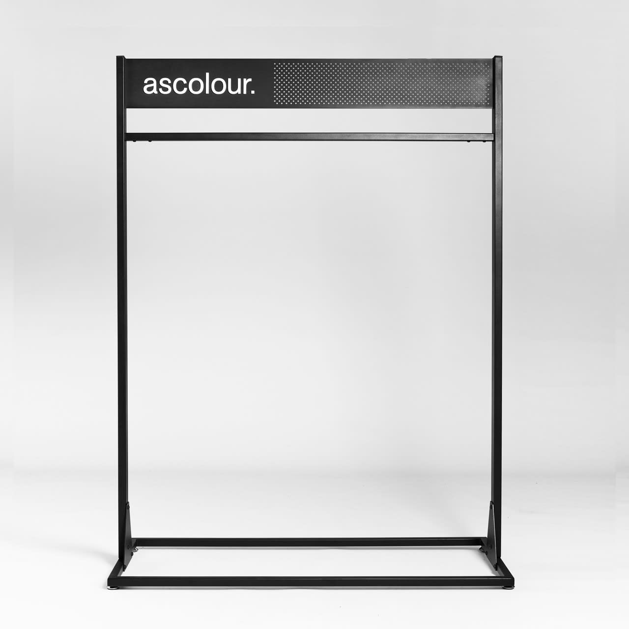 A garment rack in black with a mesh top and a logo. The design is sleek and modern, ideal for displaying clothes. ASC Rail | 6962 - Image 1