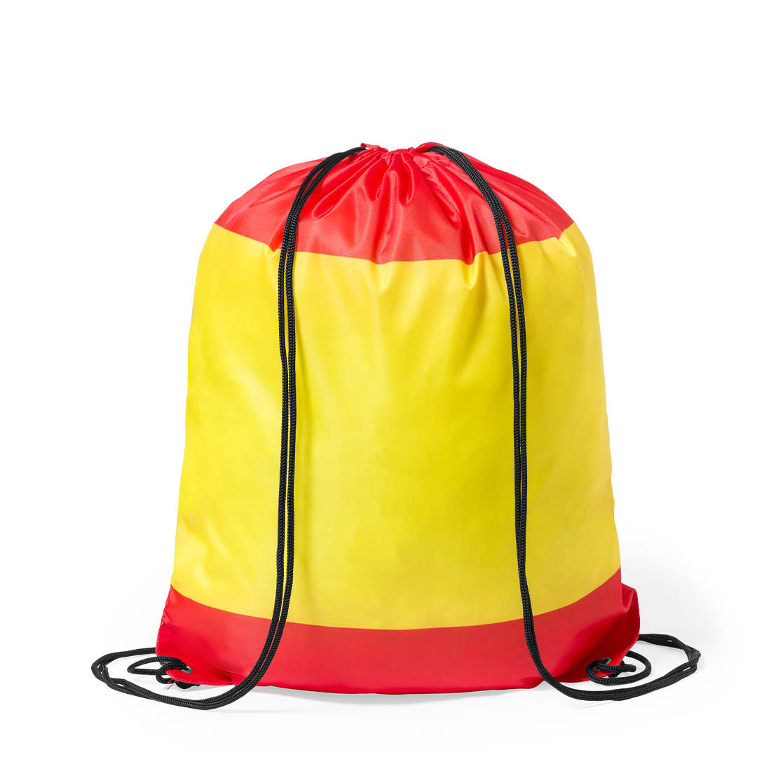 A yellow and red drawstring bag with black cords and a logo. Stiff Drawstring Bag - Image 1