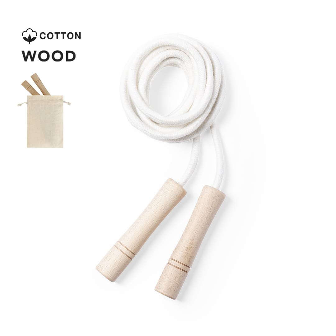 A cotton skipping rope with wooden handles, coiled neatly beside a small fabric pouch. Panky Skipping Rope - Image 1