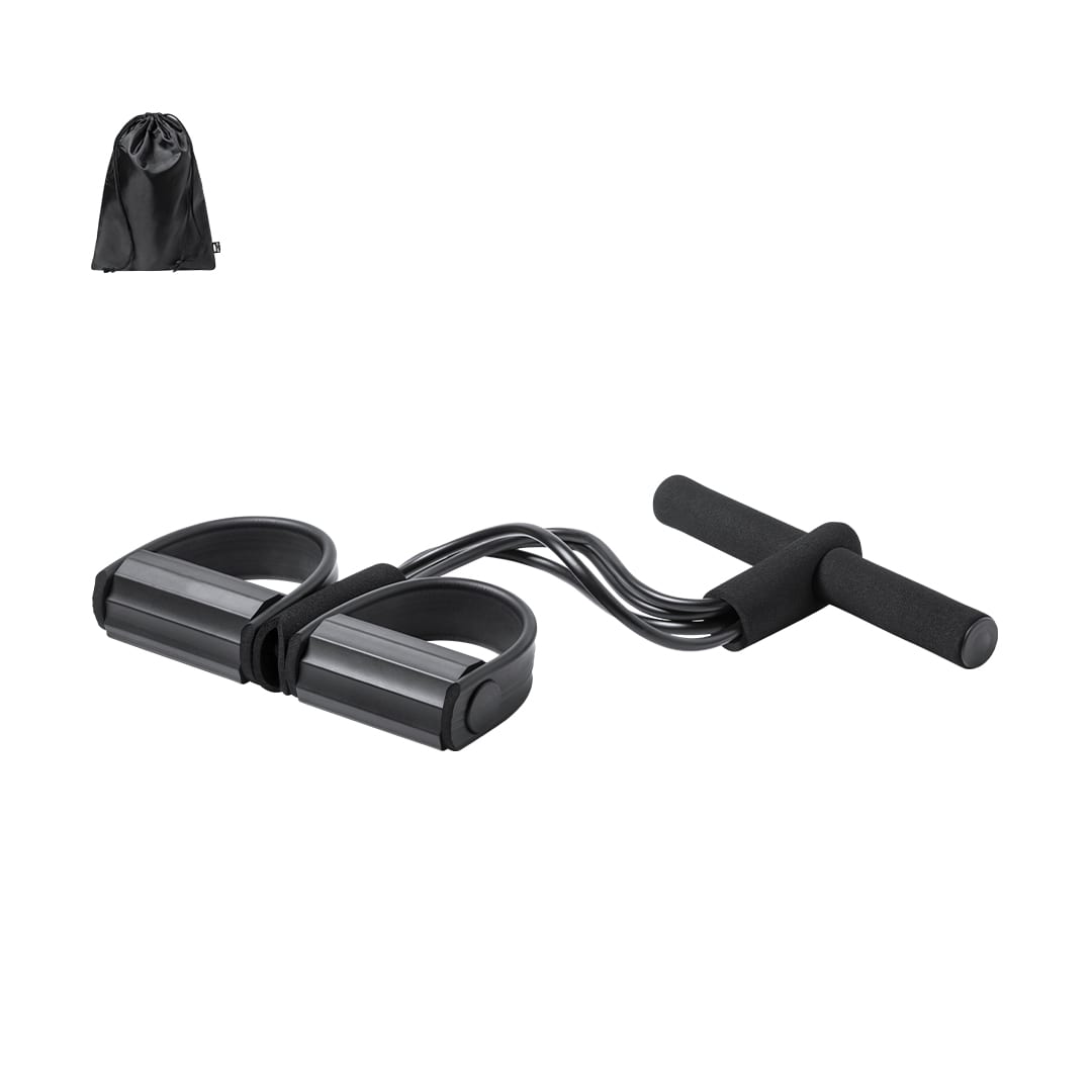 A black exercise band with padded handles and foot loops, accompanied by a black storage bag. Rayden Exercise Band - Image 1