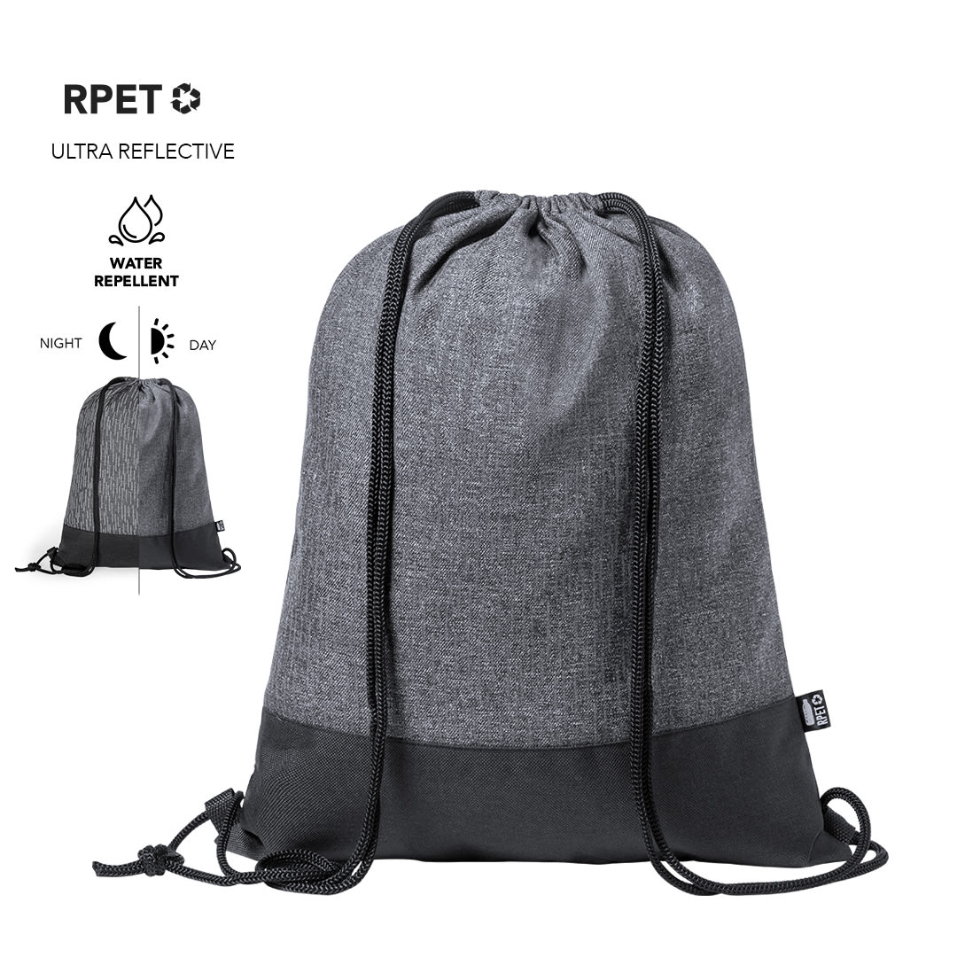 A grey and black drawstring bag with a reflective design and water-resistant material, featuring a logo. Stabby Drawstring Bag - Image 1