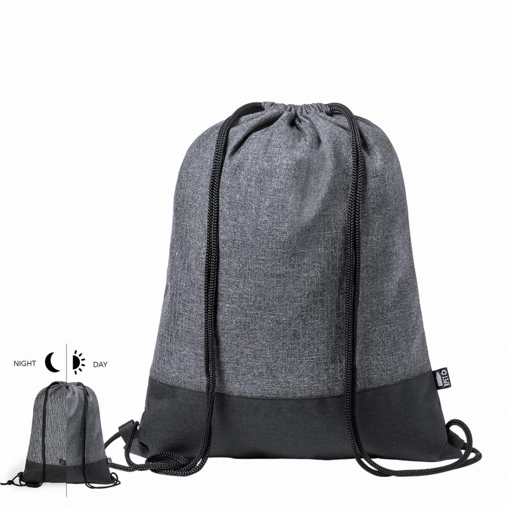 A drawstring bag in grey with a black base, featuring a logo on one side. Stabby - Image 1