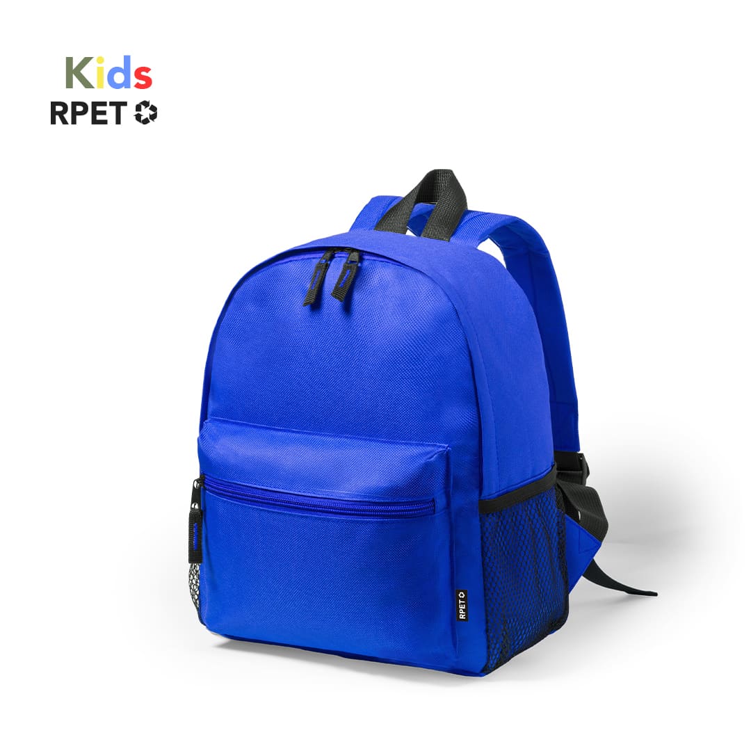 A blue backpack with a front pocket and side mesh pocket, featuring two shoulder straps and a logo. Maggie Backpack - Image 1