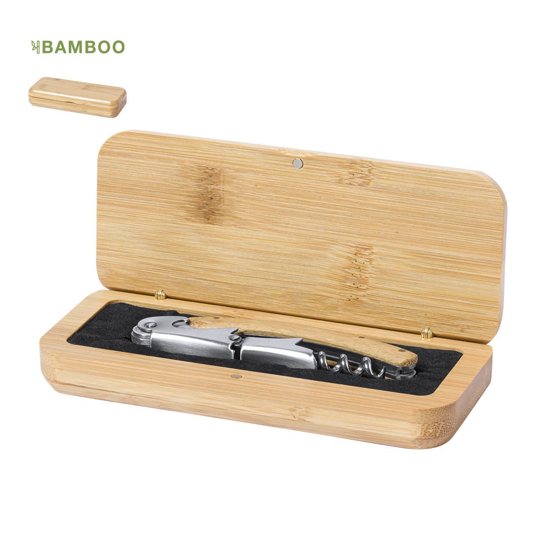 A corkscrew in a bamboo box with a soft interior. The corkscrew has a metallic finish and wooden handle. Flomek - Image 1