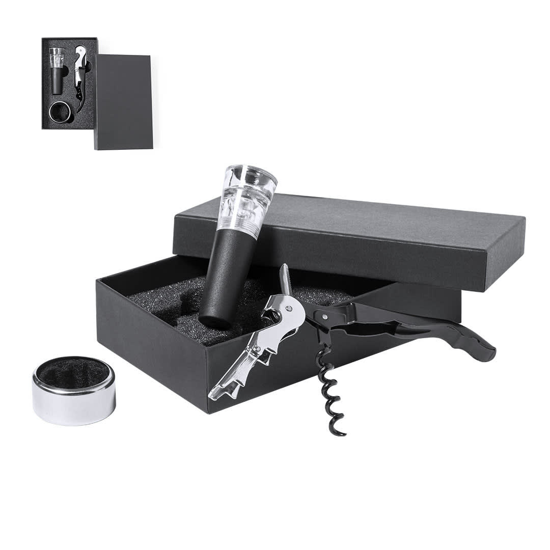 A wine set in a black box, featuring a corkscrew, wine pourer, and a cleaning brush. The box has a logo. Noarek Wine Set - Image 1