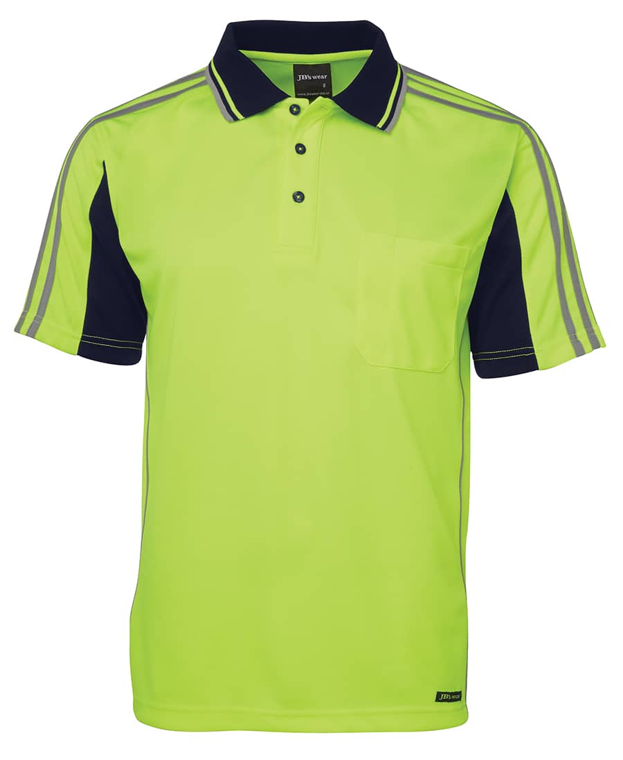 A bright lime and navy polo shirt featuring a pocket and a logo, designed for workwear. JB's Hv 4602.1 S/S Arm Tape Polo - Image 1