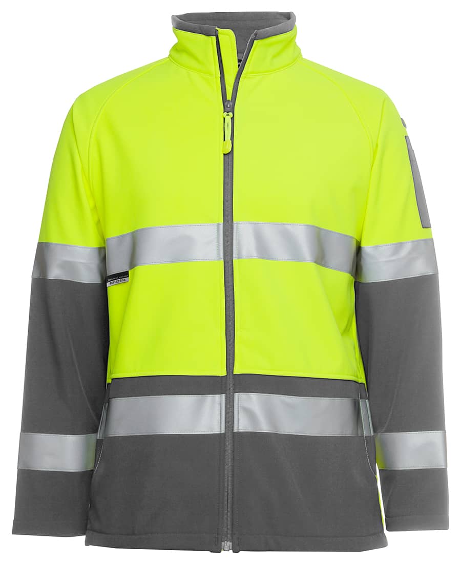 A fluorescent yellow and grey softshell jacket with reflective strips and a logo on the sleeve. JB's Hv 4602.1 (D+N) Softshell Jacket - Image 1