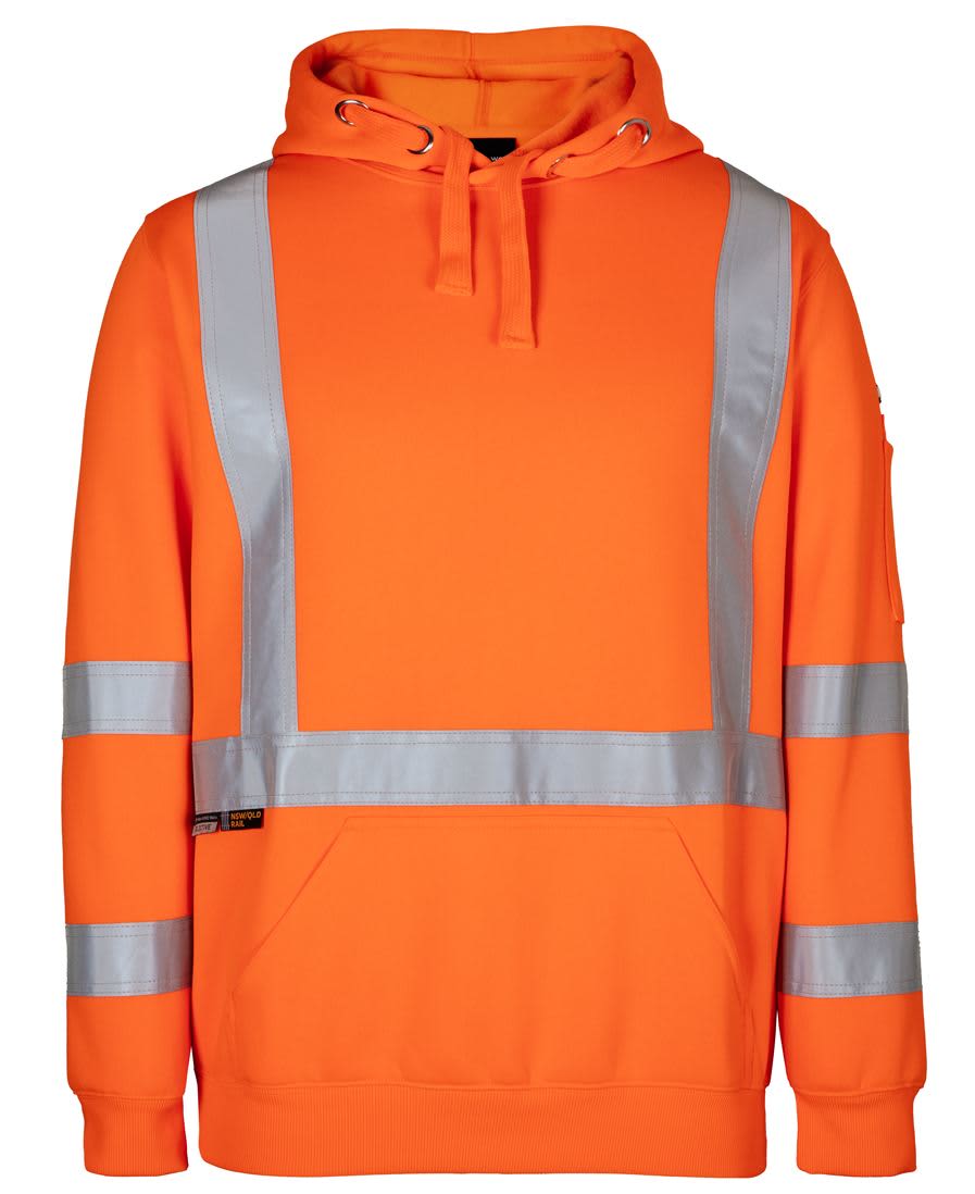 An orange hoodie with reflective stripes and a logo, designed for workwear. JB's Nsw/Qld Rail (D+N) Xback Hoodie - Image 1