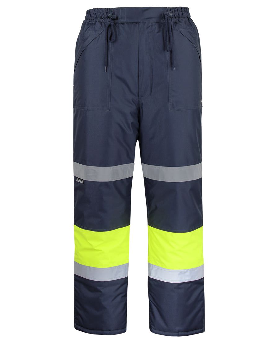 Navy pants with lime and grey reflective stripes, featuring an elastic waistband and side pockets. Includes a logo. JB's Freezer Pants With Tape - Image 1