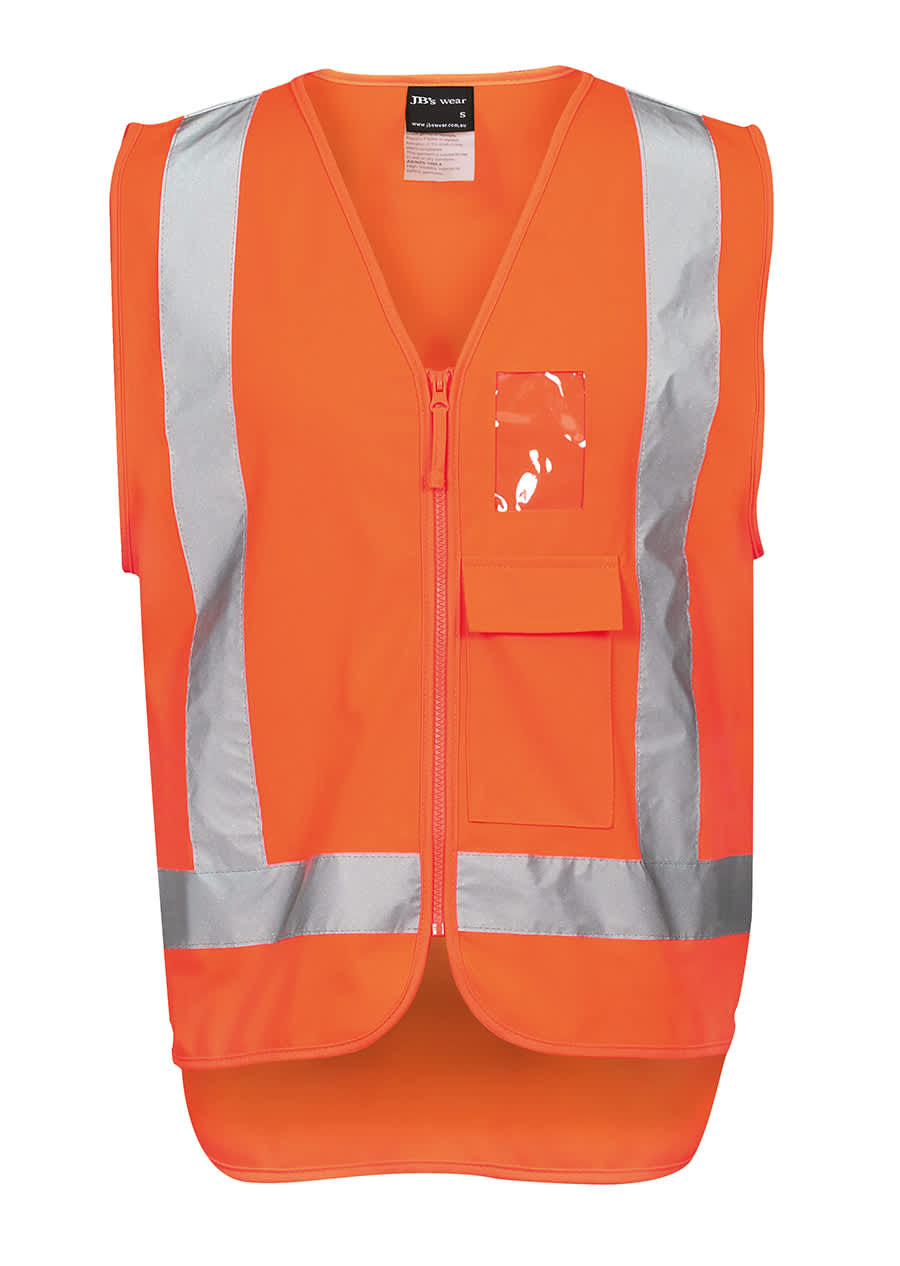 An orange work vest featuring silver reflective stripes and a front pocket, designed for visibility and safety. JB's Hv Zip (D+N) Ttmcw Vest - Image 1
