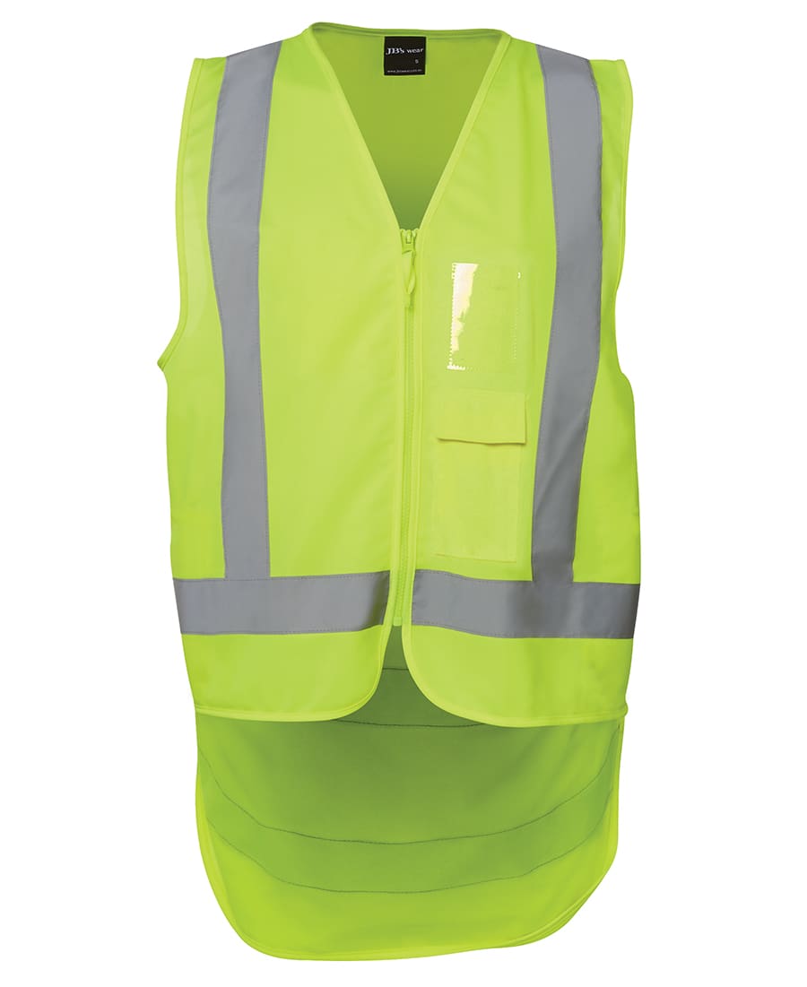 A high-visibility lime work vest featuring reflective stripes and a front pocket, with a zip closure. JB's Hv Zip Drop Tail H Pattern (D+N) Vest - Image 1