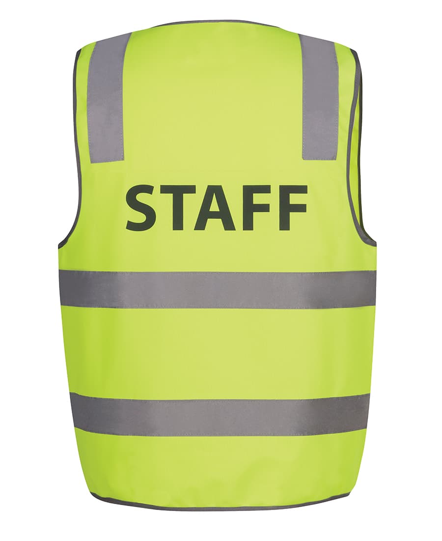 A safety vest in bright lime green with reflective stripes and a logo, labelled “STAFF.” JB's Hv (D+N) Safety Vest Print Staff Lime - Image 1