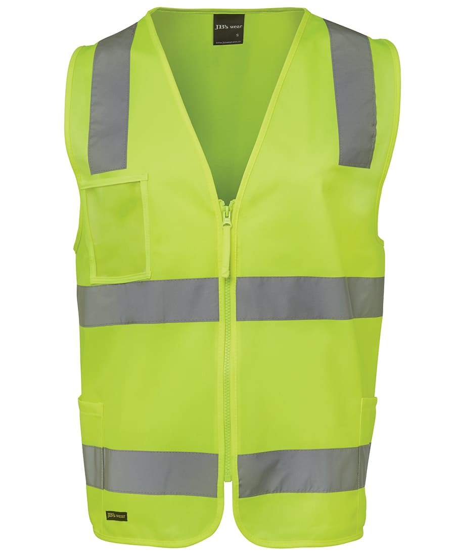 A high-visibility yellow zip safety vest with grey reflective stripes and pockets, featuring a logo. JB's Hv (D+N) Zip Safety Vest - Image 1