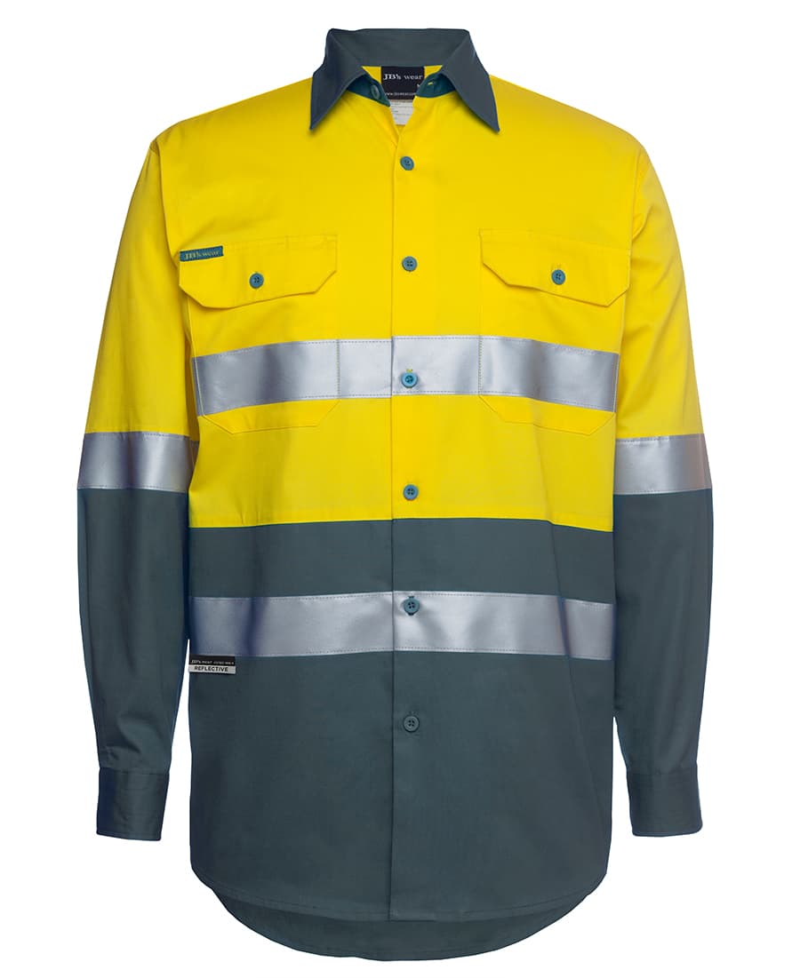 A long-sleeve work shirt in yellow and dark green, featuring silver reflective strips and two chest pockets. JB's Hv (D+N) L/S 150 G W/Shirt - Image 1