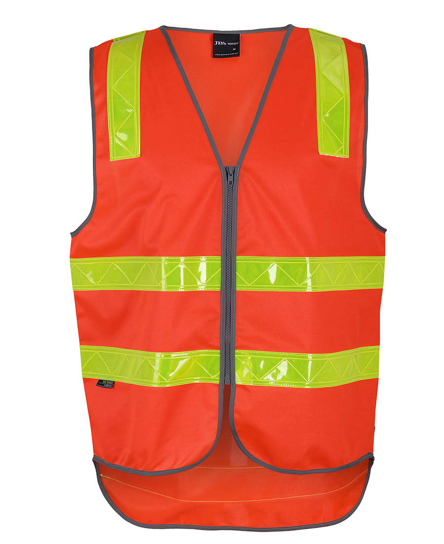 An orange safety vest with reflective yellow strips and a front zipper, featuring a logo. JB's Vic Road (D+N) Zip Safety Vest - Image 1
