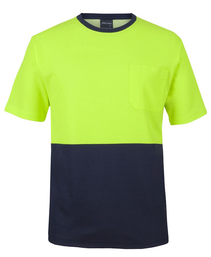 A short-sleeved T-shirt in bright yellow with a navy blue lower section and a pocket on the front. Includes a logo. JB's Hv Cotton Back Tee - Image 1