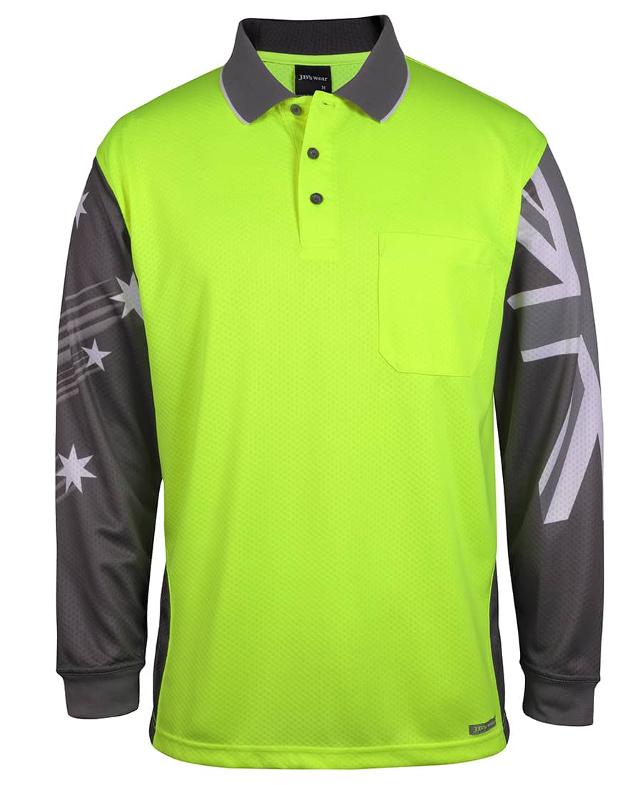 A long-sleeved polo shirt in bright yellow with grey sleeves featuring a design and a pocket. It has a logo. JB's Hv L/S Southern Cross Polo - Image 1