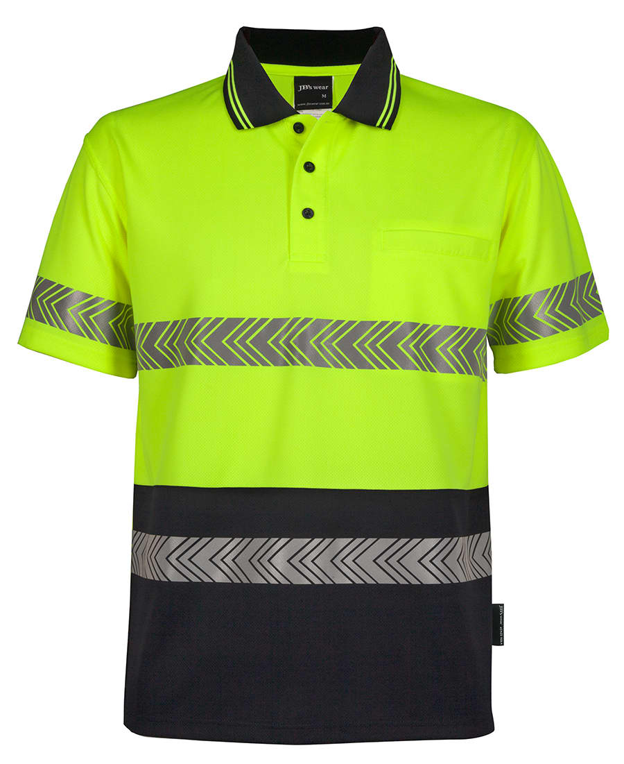 A yellow and black segmented tape polo shirt featuring reflective stripes and a pocket. It has a collar and short sleeves. JB's Hv S/S Segmented Tape Polo - Image 1