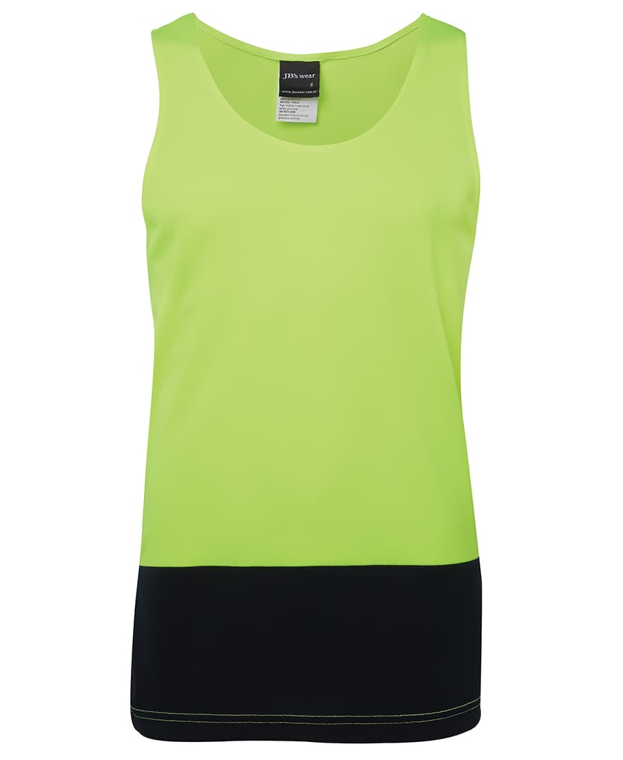 A high-visibility singlet in bright lime green with a black bottom section, featuring a logo. JB's Hv Trad Singlet - Image 1