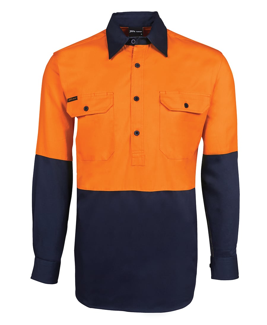 An orange and navy long-sleeve work shirt featuring two chest pockets and a logo. JB's Hv Close Front L/S 190 G Shirt - Image 1