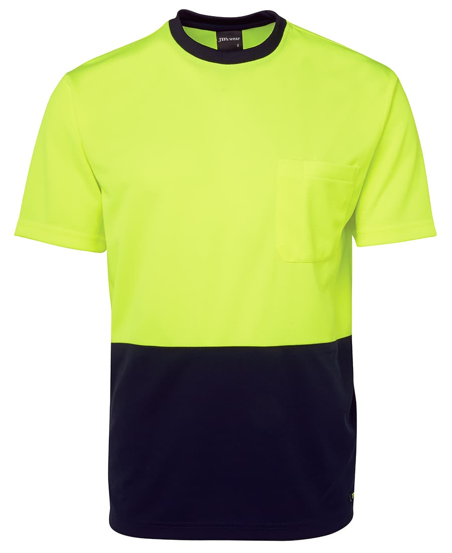 A high-visibility work t-shirt in bright yellow with a navy blue lower section and a pocket. It features a logo. JB's Hv Trad Tshirt - Image 1