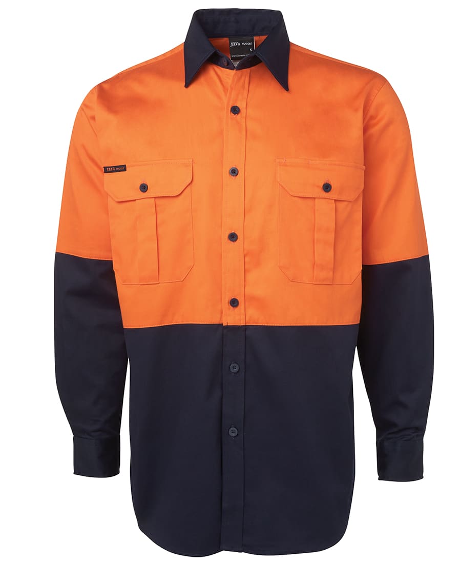 An orange and navy long-sleeve work shirt with two chest pockets and a logo. JB's Hv L/S 190 G Shirt - Image 1