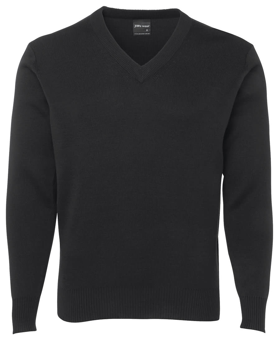 A black knitted jumper with a V-neck design and ribbed cuffs. It includes a branding label inside. JB's Jumper - Image 1
