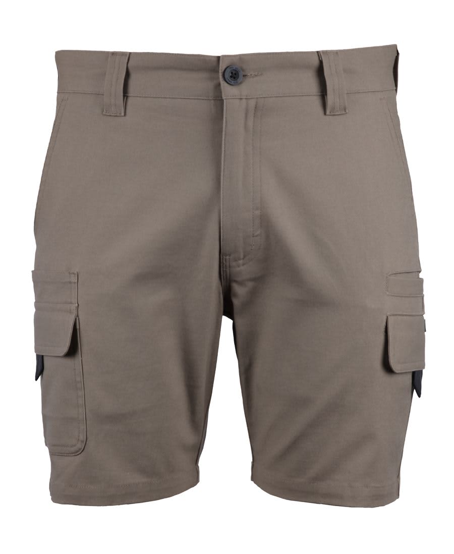 Khaki multi-pocket shorts featuring a button closure and cargo-style pockets, with a branded logo. JB's Multi Pocket Stretch Canvas Short - Image 1
