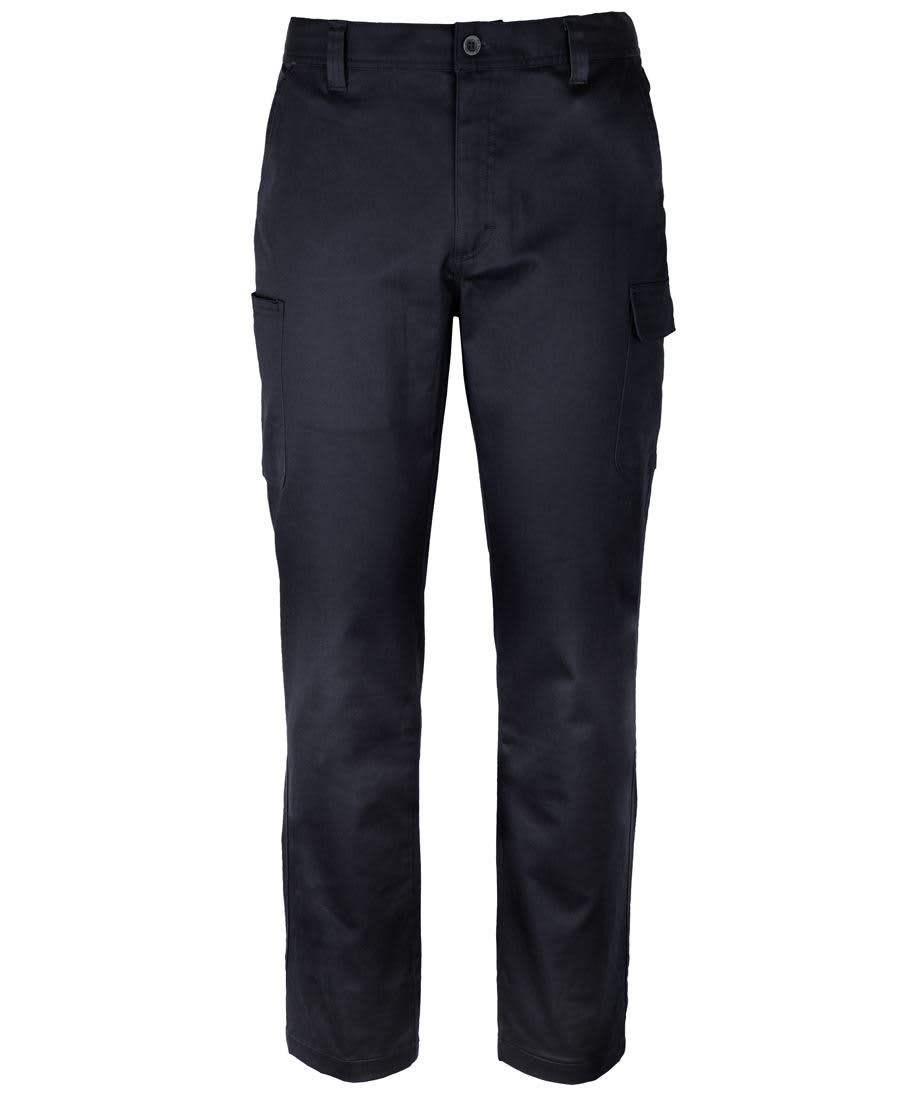 Black cargo pants featuring multiple pockets and a fitted design, with a waistband and a logo. JB's Multi Pkt Stretch Twill Pant - Image 1