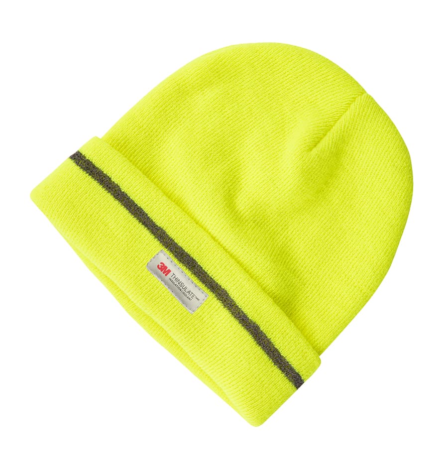 A lime green beanie with a reflective stripe and a logo, perfect for visibility and warmth. JB's Fluoro Reflective Beanie - Image 1